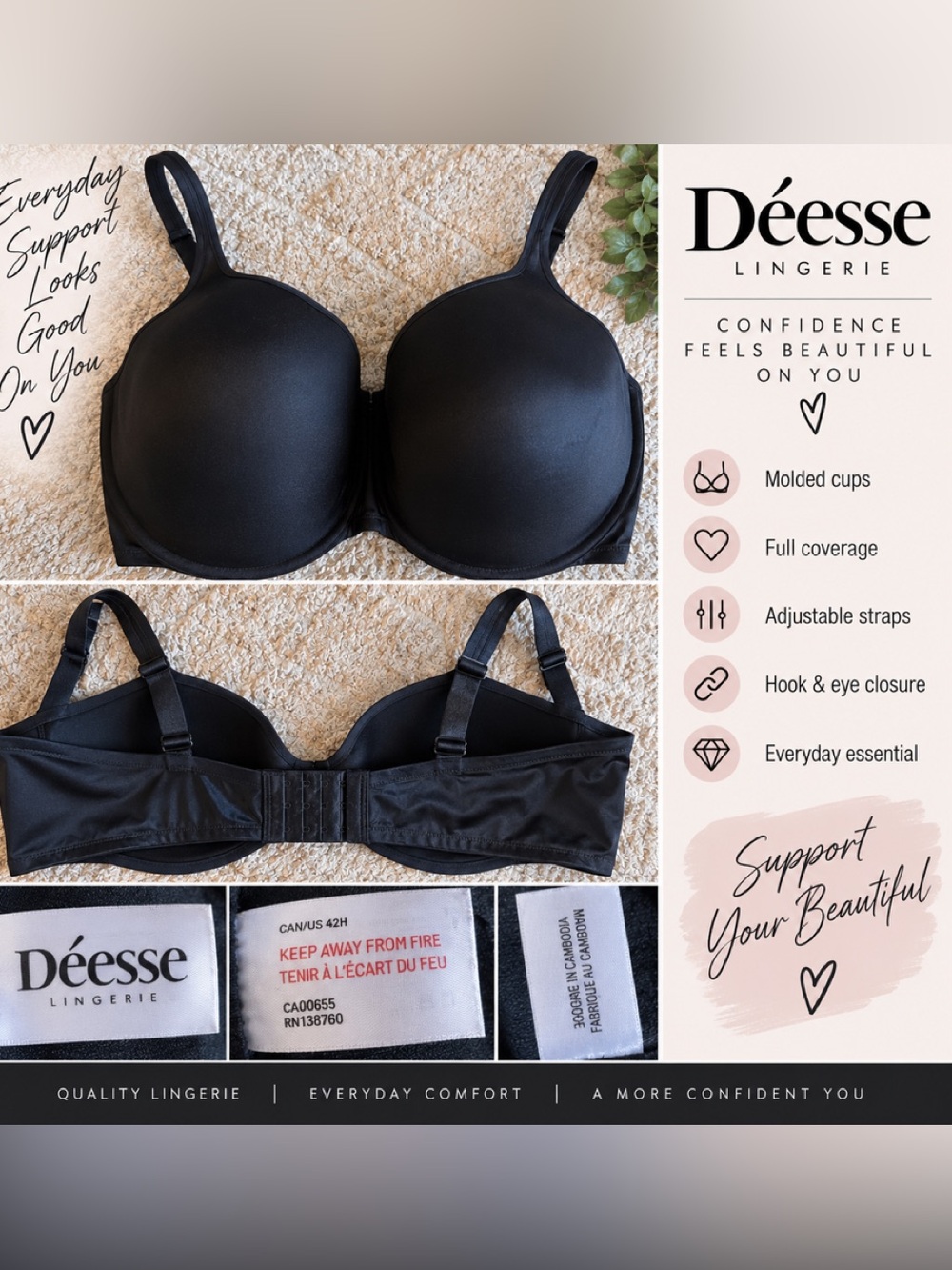Deesse Lingerie Black Molded Full-Coverage Bra